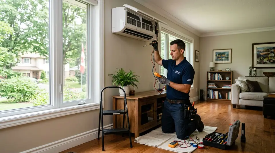 Technician performing air conditioning repair at an Ontario home