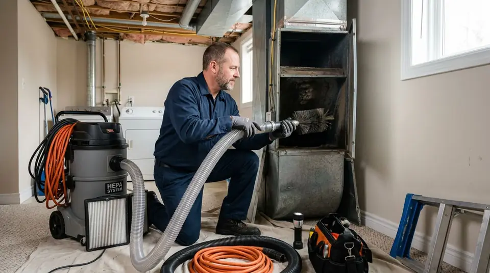 Technician performing air duct cleaning at an Ontario home