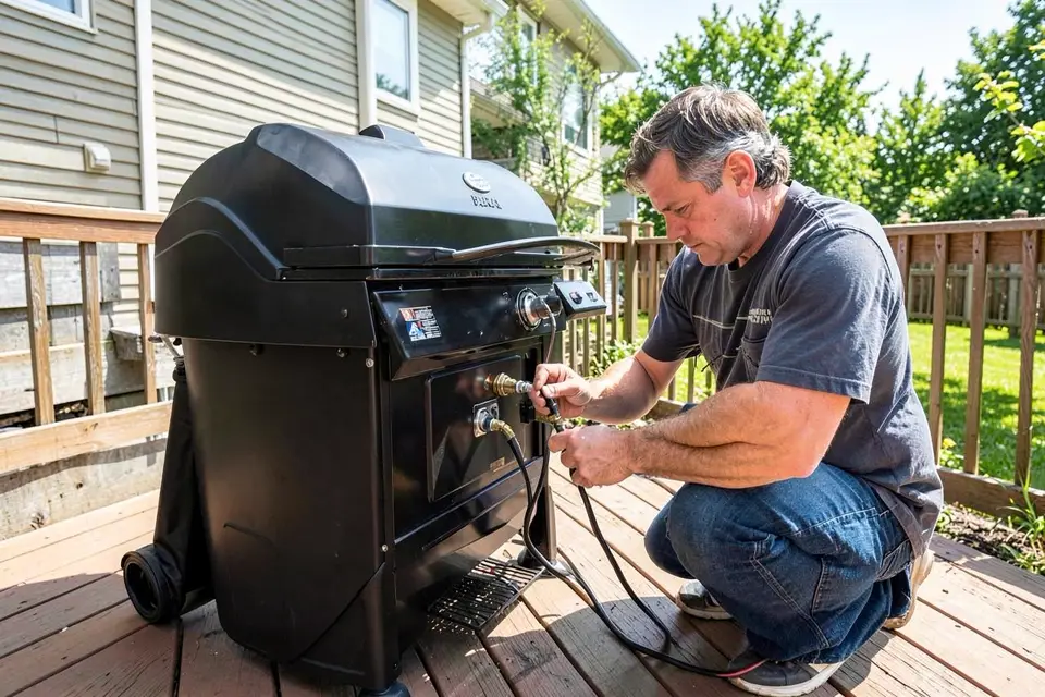 Technician performing bbq gas line installation at an Ontario home