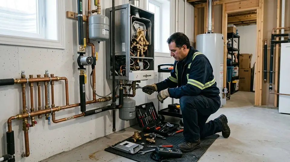 Technician performing boiler repair at an Ontario home