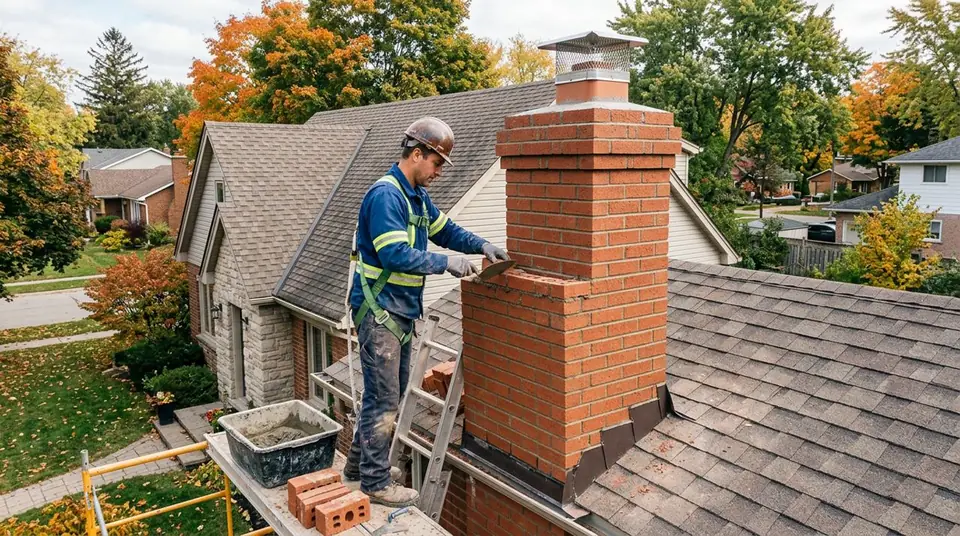 Technician performing brick chimney installation at an Ontario home