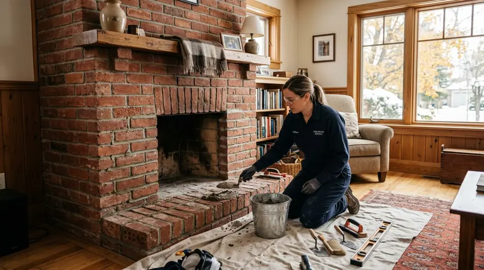 Technician performing brick fireplace repair at an Ontario home