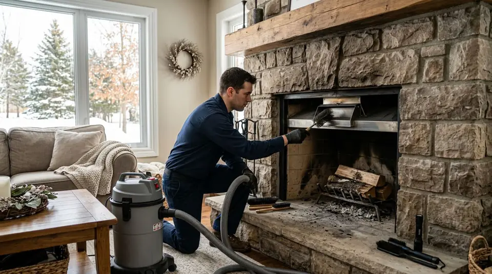 Technician performing chimney air vent services at an Ontario home
