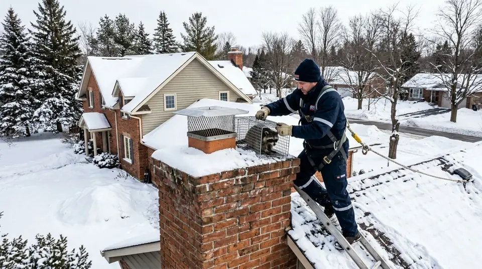 Technician performing chimney animal removal at an Ontario home