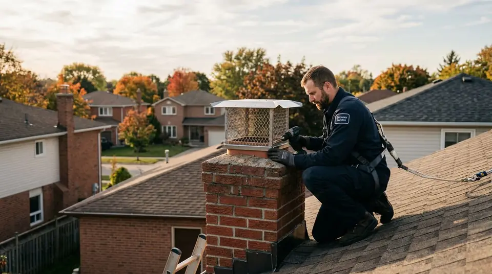 Technician performing chimney animal screen repair at an Ontario home