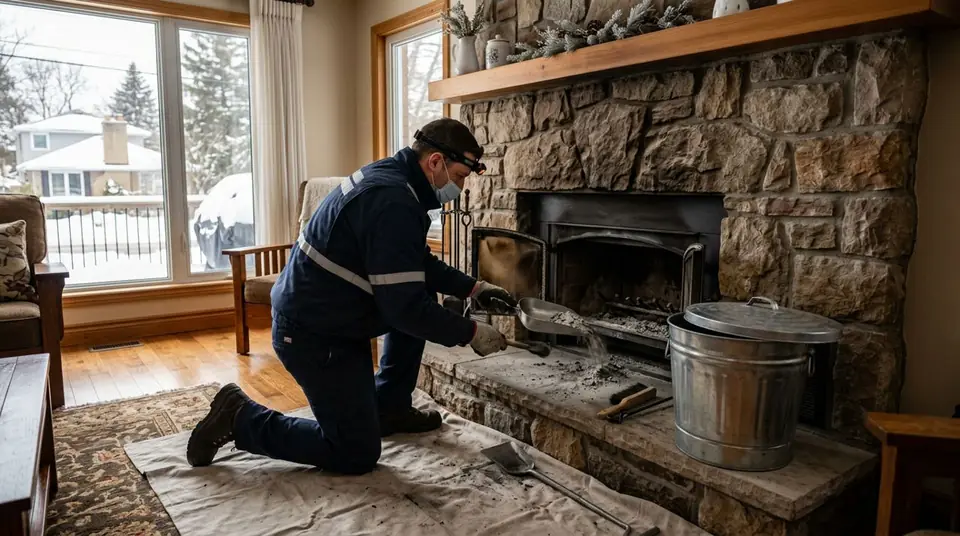 Technician performing chimney ash dump services at an Ontario home