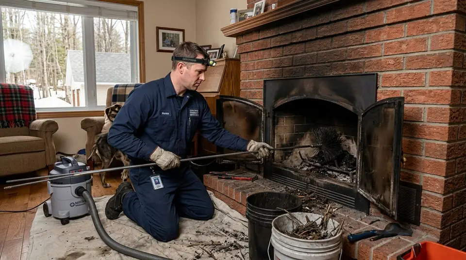 Technician performing chimney blockage removal at an Ontario home