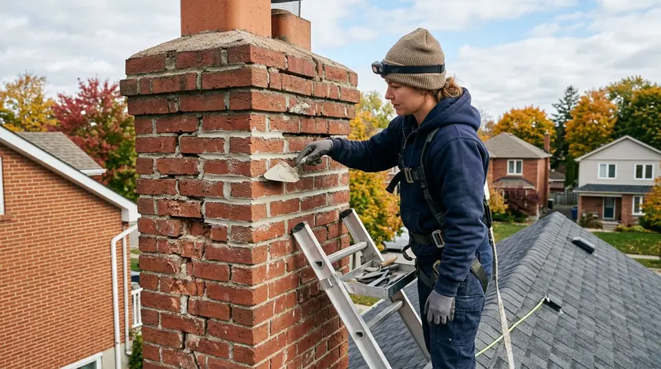 Technician performing chimney bricks rotten repair at an Ontario home