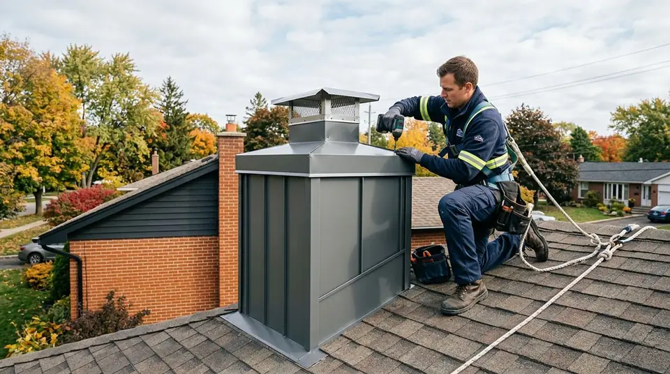 Technician performing chimney chase services at an Ontario home