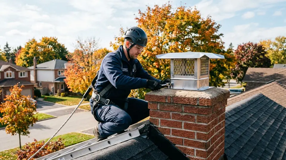Technician performing chimney cover services at an Ontario home