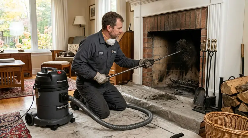 Technician performing chimney creosote cleaning at an Ontario home