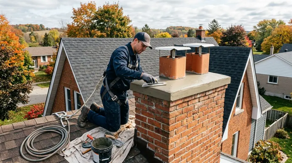 Technician performing chimney crown services at an Ontario home