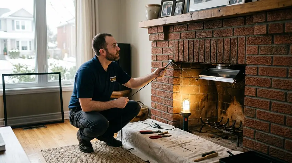 Technician performing chimney damper services at an Ontario home