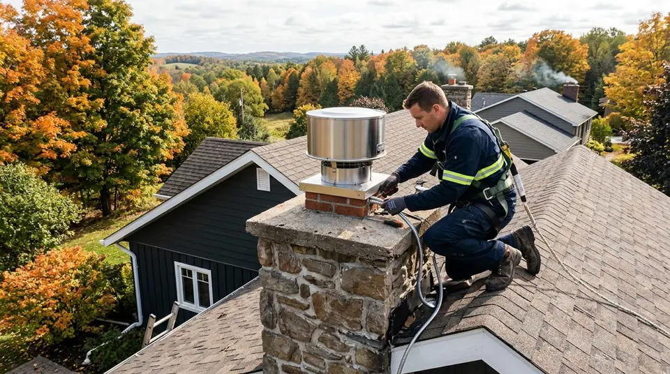 Technician performing chimney fan services at an Ontario home
