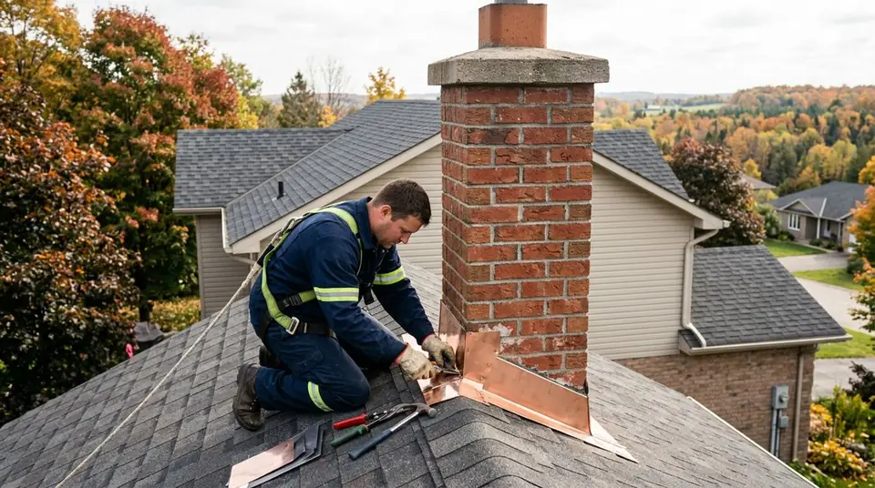 Technician performing chimney flashing services at an Ontario home
