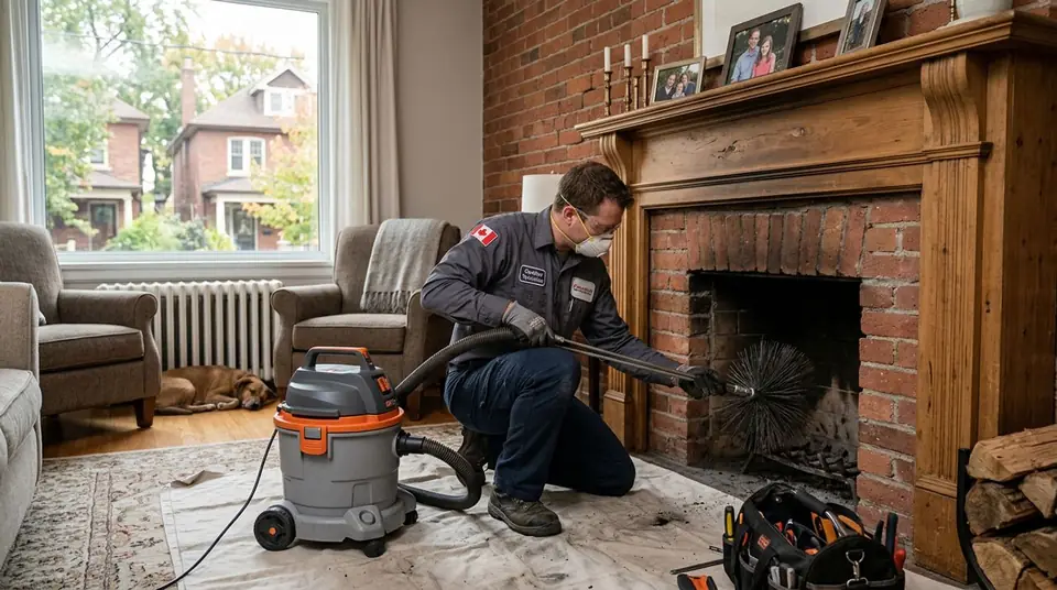 Technician performing chimney flue services at an Ontario home