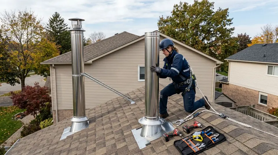 Technician performing chimney installation at an Ontario home