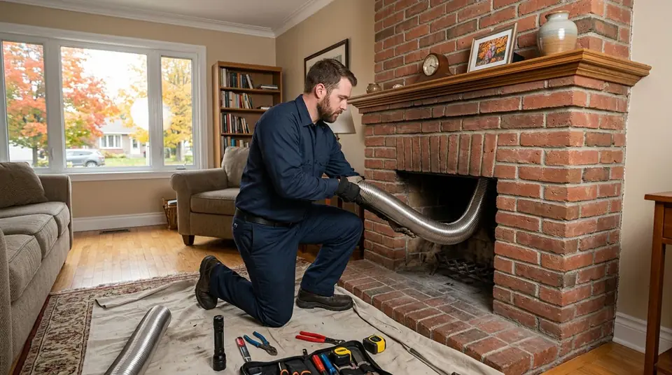Technician performing chimney liner services at an Ontario home