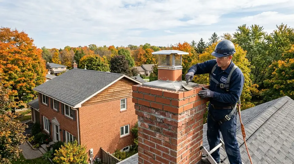 Technician performing chimney masonry services at an Ontario home