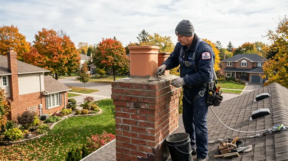 Technician performing chimney pot services at an Ontario home
