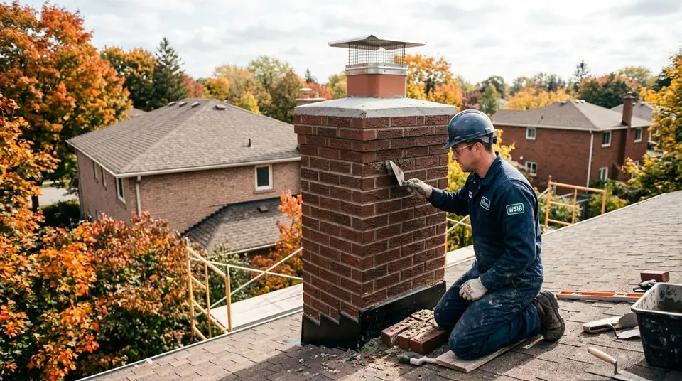 Technician performing chimney rebuild services at an Ontario home