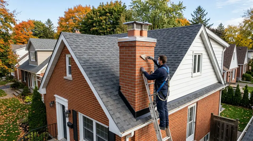 Technician performing chimney remodel at an Ontario home