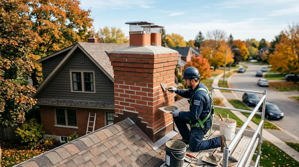 Technician performing chimney restoration at an Ontario home