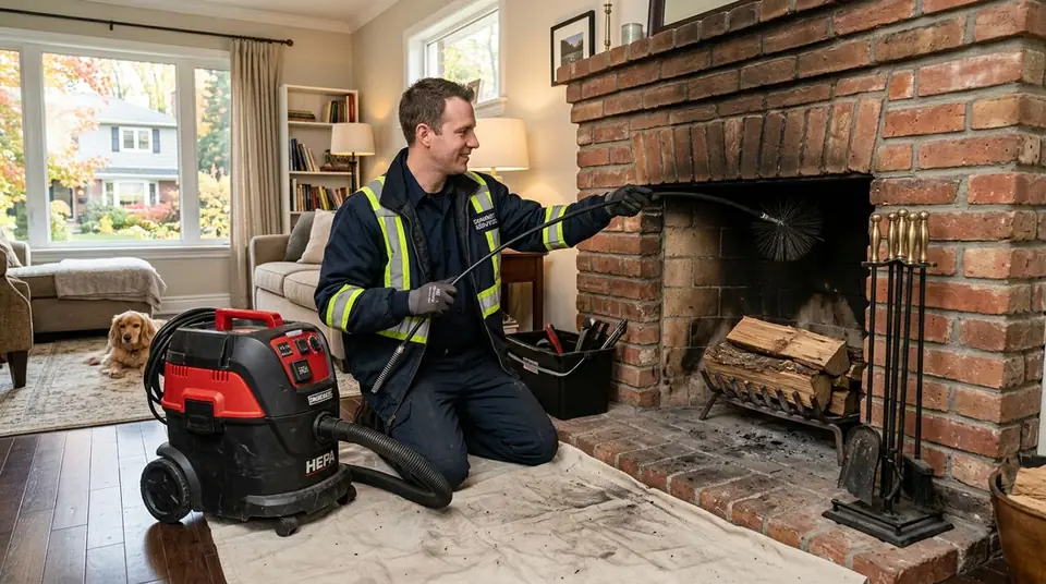 Technician performing chimney service at an Ontario home
