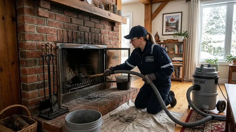 Technician performing chimney soot cleaning at an Ontario home