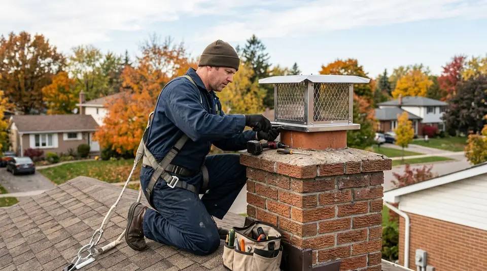 Technician performing chimney spark arrestor repair at an Ontario home