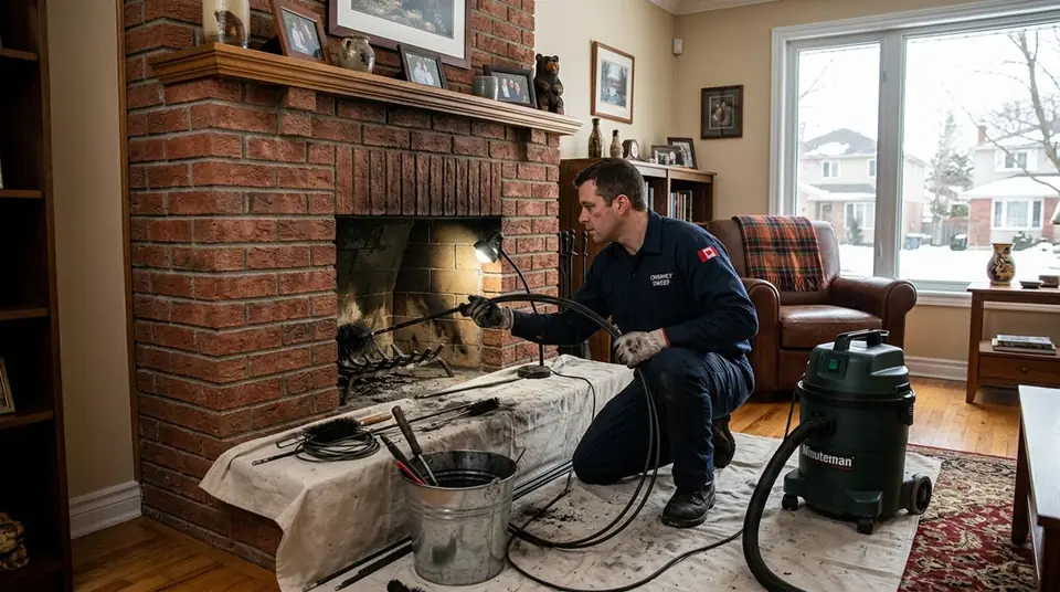 Technician performing chimney sweep at an Ontario home