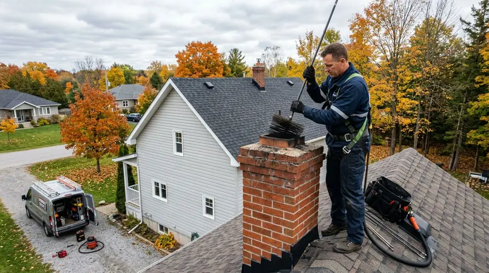 Technician performing chimney sweep near me at an Ontario home