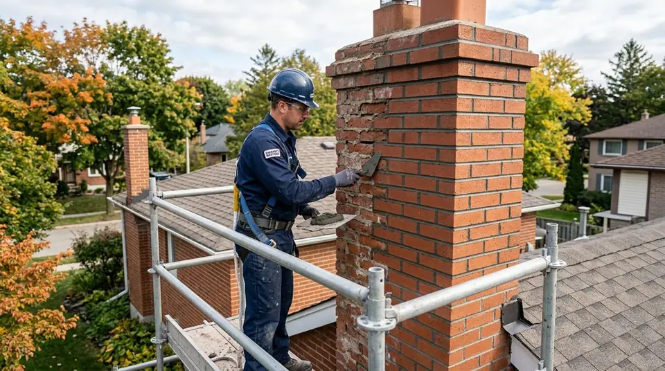 Technician performing chimney tuckpointing at an Ontario home