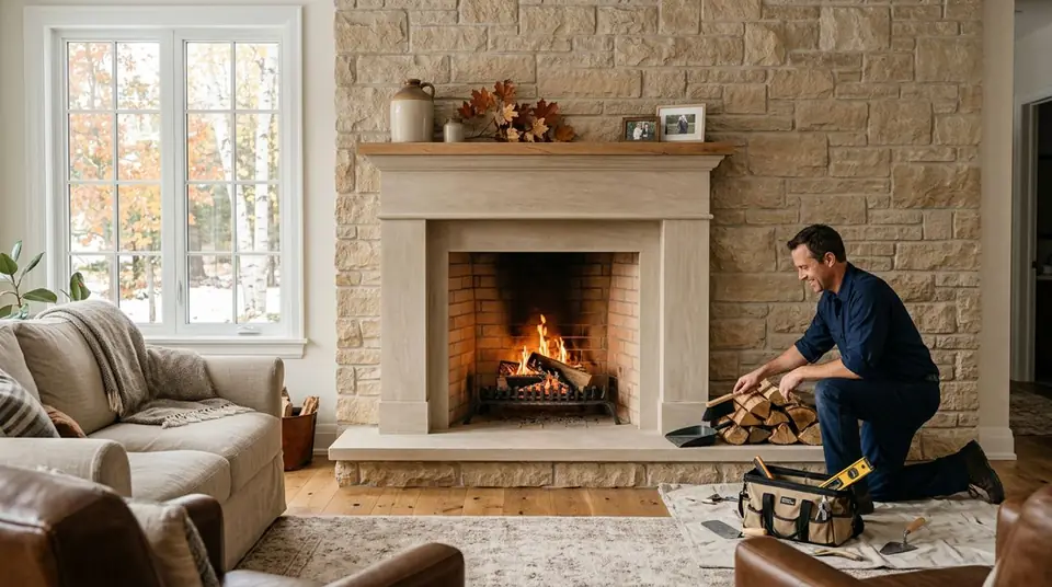 Technician performing classic fireplace design at an Ontario home