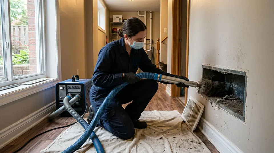 Technician performing clogged air duct cleaning at an Ontario home