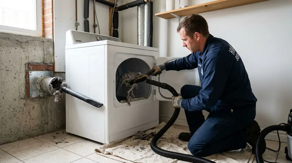 Technician performing clogged dryer vent cleaning at an Ontario home