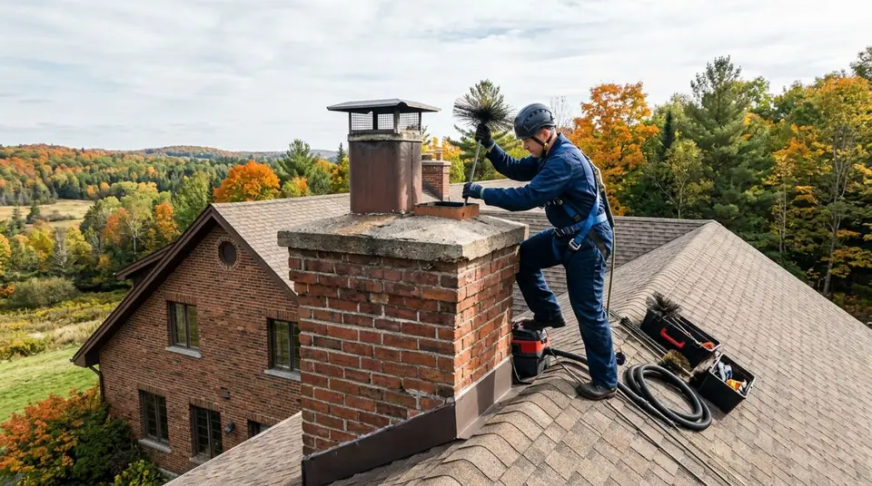 Technician performing commercial chimney services at an Ontario home