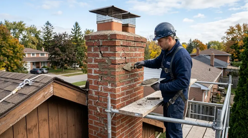 Technician performing cracked chimney bricks repair at an Ontario home