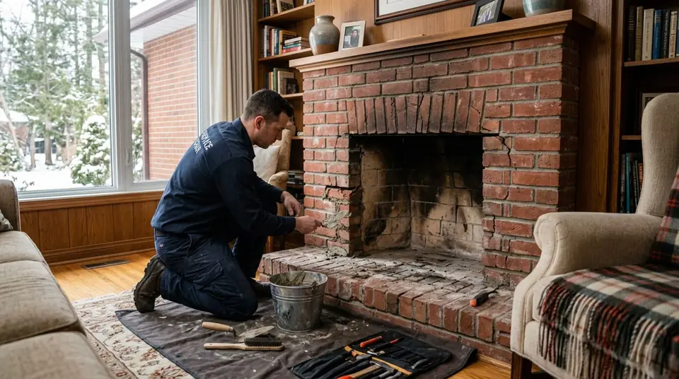 Technician performing cracked fireplace bricks repair at an Ontario home