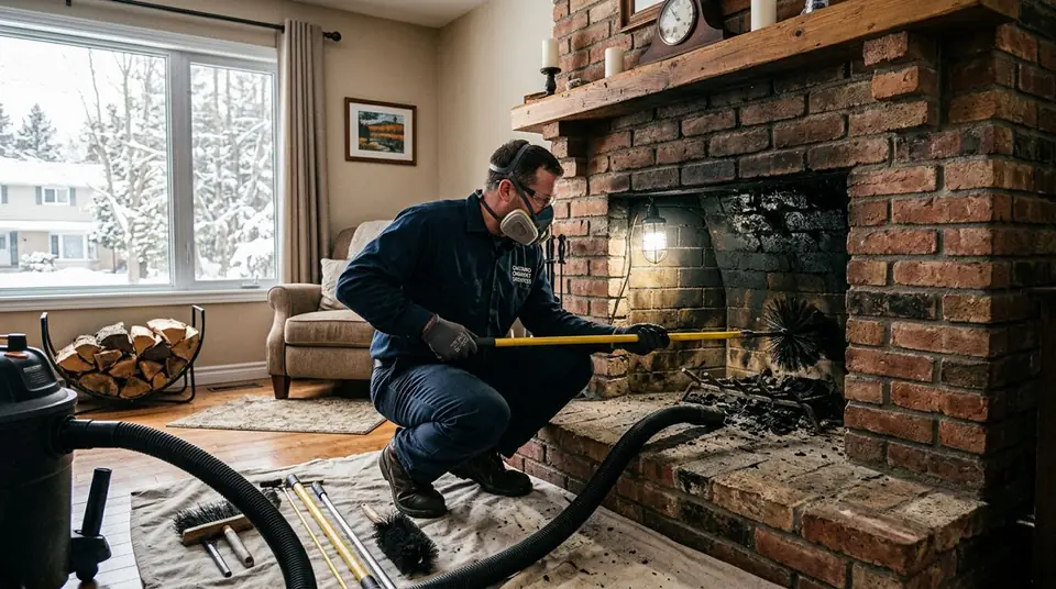 Technician performing creosote removal at an Ontario home