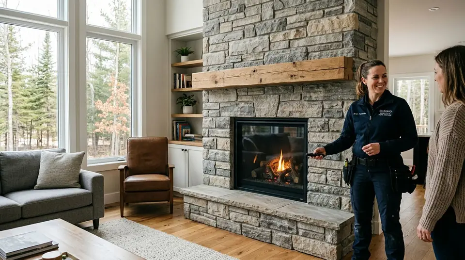 Technician performing custom fireplace design at an Ontario home
