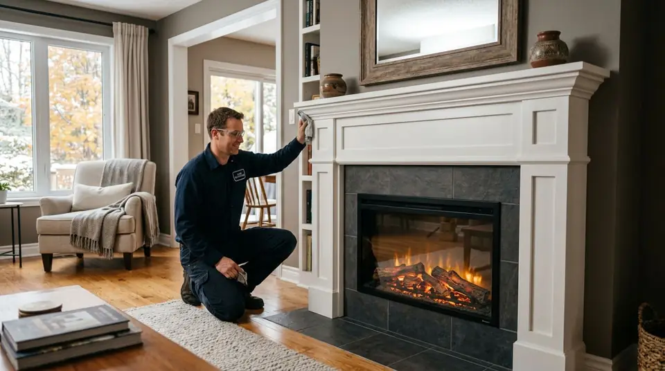 Technician performing decorative fireplace installation at an Ontario home