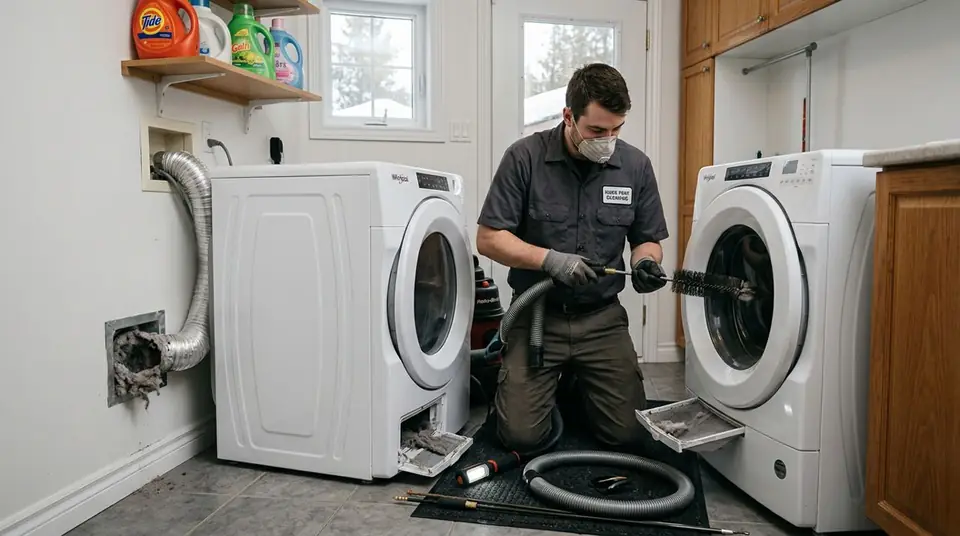 Technician performing dryer lint cleaning at an Ontario home