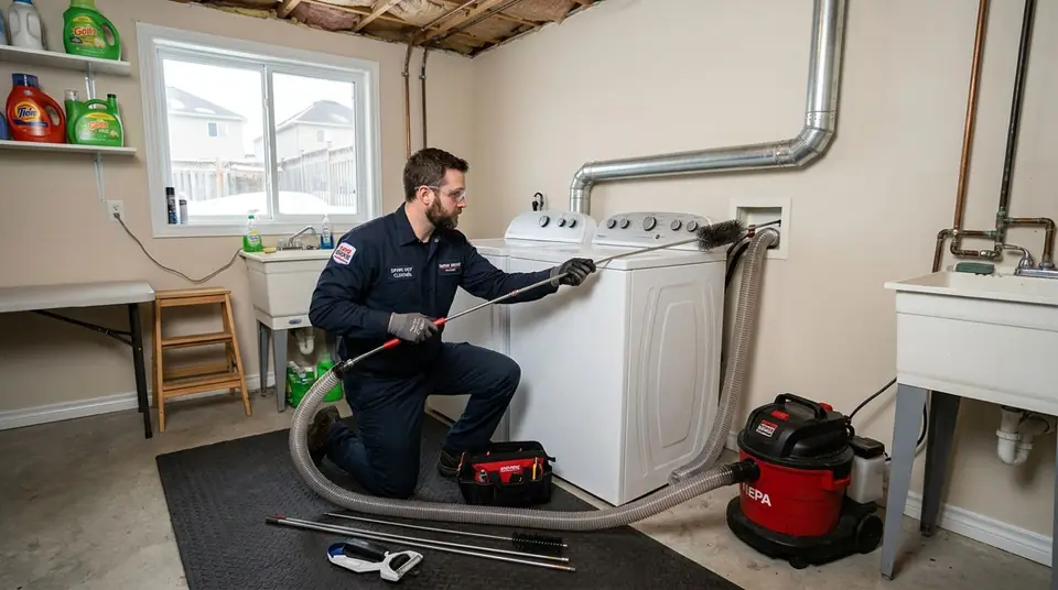 Technician performing dryer vent cleaning at an Ontario home