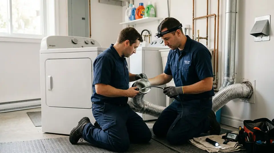 Technician performing dryer vent inspection at an Ontario home