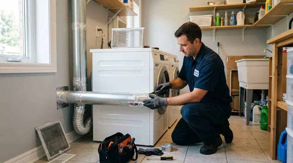 Technician performing dryer vent repair at an Ontario home