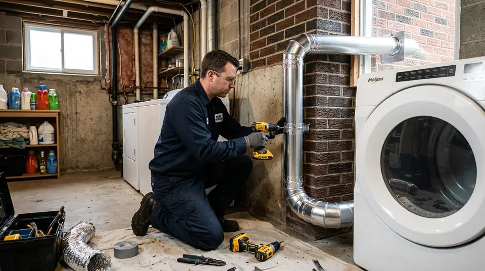 Technician performing dryer vent replacement at an Ontario home