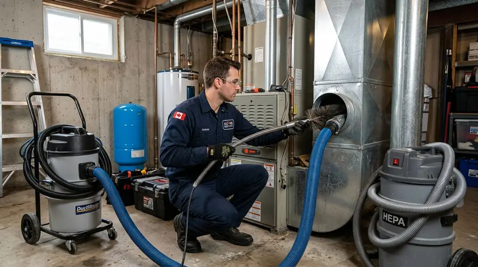Technician performing ductwork cleaning at an Ontario home