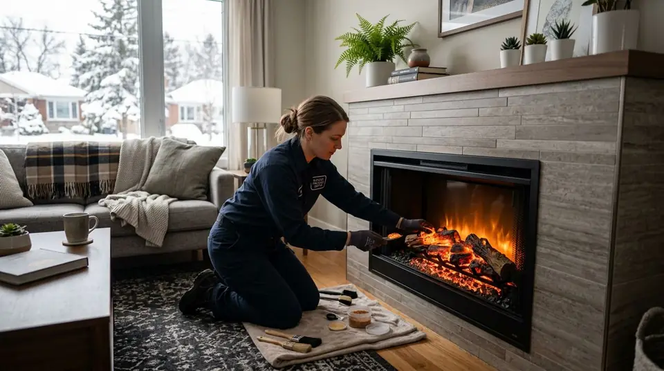 Technician performing electric fireplace embers at an Ontario home