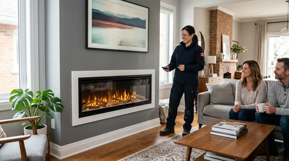 Technician performing electric fireplace installation at an Ontario home